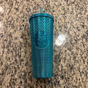 Starbucks Blue Turquoise Chrome Studded Venti Tumbler Cup Used Condition Used.